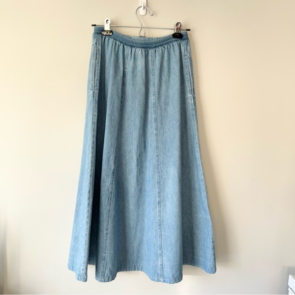 Vintage Traditional Tribal A Line Flowy Denim Midi Skirt - Picture 12 of 12